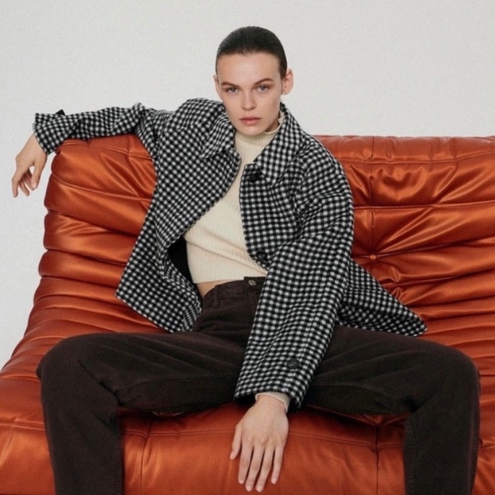 Zara Black and White Checkered Wool Jacket Coat